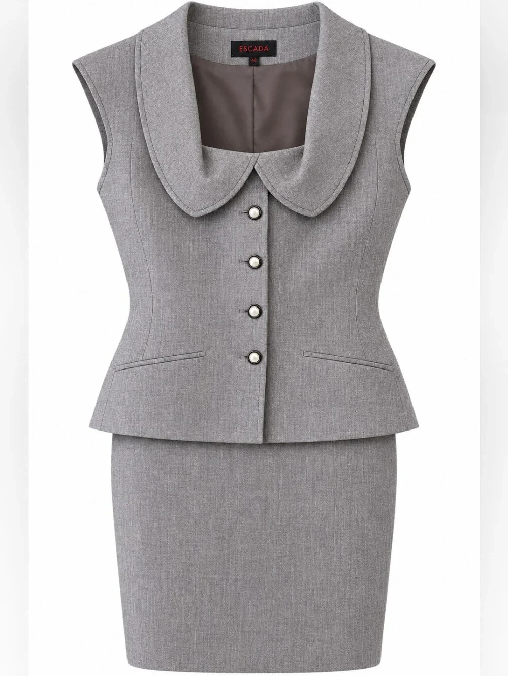 Escada Vest And Skirt Linen Wool Shawl Collar In Brown White Set Size 44V,46S